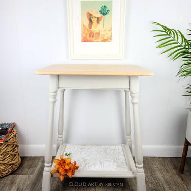 An American Maple 2  Tier Boho Entry Side Hall Table Taupe Nightstand Neutral Home Decor Painted Furniture Small Farmhouse Raw Wood Tropical by CloudArt