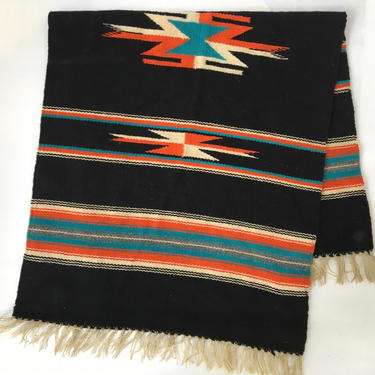 Vintage Southwestern Rug, Mexican Or Native American Woven Rug Or Wall Hanging, Tribal Black Turquoise Orange Hand Woven 