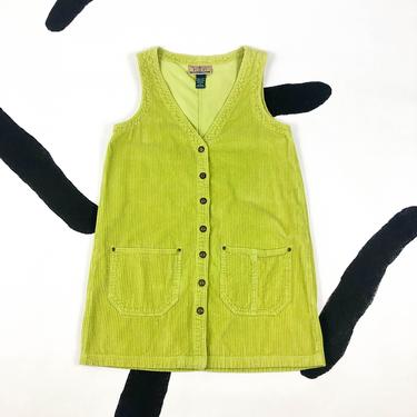 90s Express Chartreuse Green Corduroy Jumper / Dress / Patch Pockets / Button Front / Lime Green / Grunge / Medium / Slime / Cord / Delias 