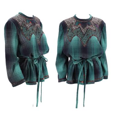 70s KOOS Van Den AKKER plaid patchwork blouse M / vintage 1970s 80s appliqué Peasant top designer 10 