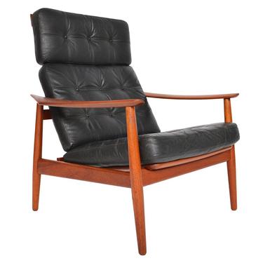 Danish Mid Century Modern Arne Vodder Model 164 Leather and Teak Highback Reclining Lounge Chair 