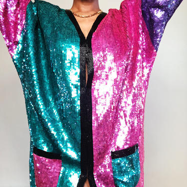 Vintage 1980s 1990s 80s Color Block Jewel Tone Cardigan Duster Kimono Sequin Indian Silk Beaded Disco Studio 54  Dress One Size 