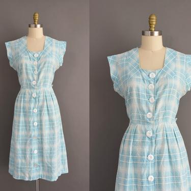 vintage 1950s dress | Adorable Blue Plaid Print Cotton Summer Shirt Dress | Large  XL | 50s vintage dress 