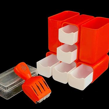 Vintage Mid Century Modern 1970s Orange Plastic Desk Organizer with Mini Drawers Pencil Pen Holder Rubber Stamp Pop Era HOF #7412 Space Age 