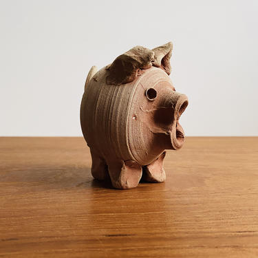 Vintage pottery piggy bank / handmade terra cotta pig / cute rustic animal figurine 