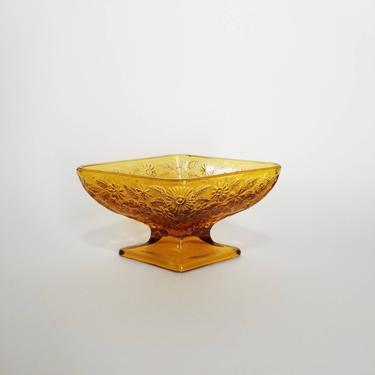 Vintage Amber Glass Pedestal Dish / Small Catch All Dish / Mid Century Brown Colored Glass Footed Bowl / 1970s Floral Embossed Candy Dish 