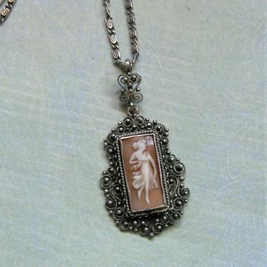Antique 800 Silver Cameo Pendant Necklace, Old Carved Cameo With Woman Dancing, Antique Silver Cameo Pendant Necklace (#3890) 