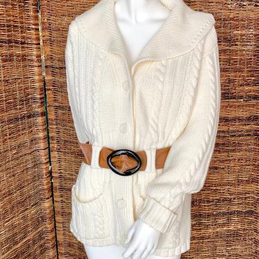 Vintage 70s Cardigan Sweater, Cable Knit, Big Collar, Pockets, Button Down, Chunky Knit, Vegan 