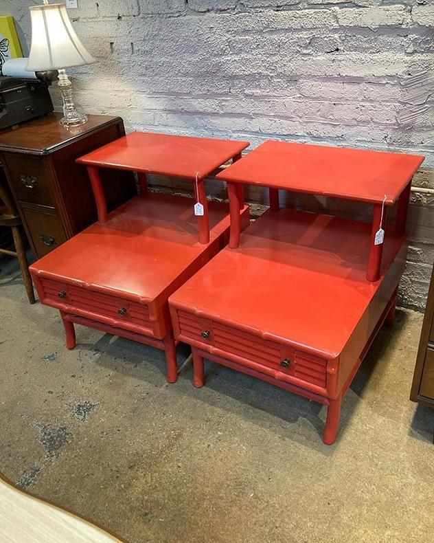Red painted faux bamboo step end tables. 22” x 29” 27” 