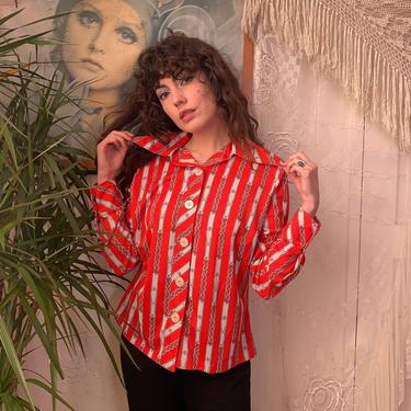 70's NOVELTY PRINT BLOUSE - chains and buckles - red and gray - large buttons - large/x-large 