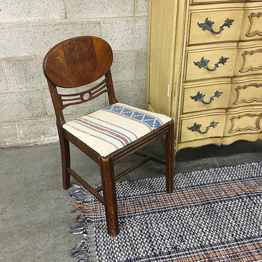 LOCAL PICKUP ONLY Vintage Art Deco Chair Retro 1930's Dining or Vanity Wood Chair With Oval Back + Carved Wood Details + New Striped Seat 