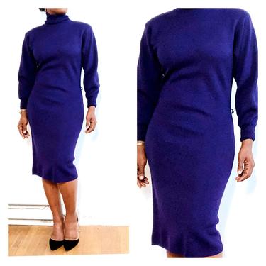 Vintage 1980s 1990s 90s Turtleneck Sweater Dress Wool Body Con Fitted Long Sleeve Midi Minimal Minimalist Purple Shoulder Pads Small Keepers 