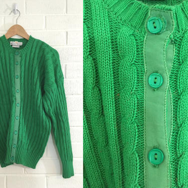 Vintage Green Cardigan Sweater Emerald Made in Soctland Kelly Long Sleeved Cable Knit Women's Large L XL 