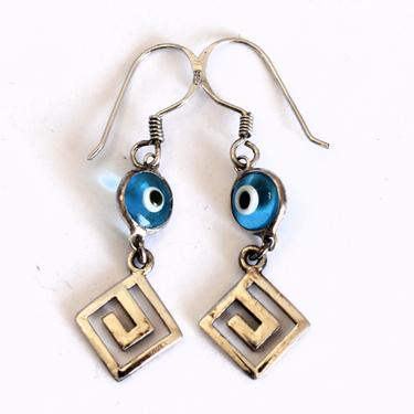 Dainty 80's sterling Greek key glass eye of god dangles, bright blue malocchio evil eye geometric 925 silver earrings 