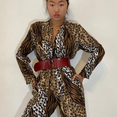90s jumpsuit / vintage cheetah mixed animal print silky rayon jumpsuit / plunging wrap front belted jumpsuit | S M 
