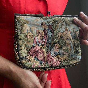 vintage deco petite tapestry lovers scene rococo style handbag 