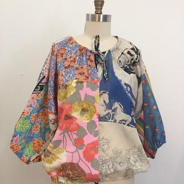 Patchwork top, Silk Blouse, Boho silk top, Hippie Top, Boho Shirt Women, Colorful top, Bohemian Clothing, Headscarf Top, Upcycled clothing 
