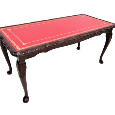 Mahogany Coffee Table | Vintage English Mahogany Coffee Table With Red Leather Gold Embossed Top 