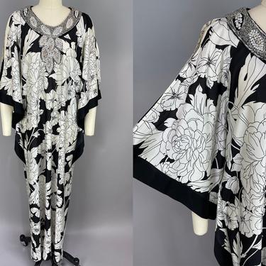 1970s Caftan with Butterfly Sleeves | Vintage 70s Black &amp; White Floral Print Dress with Beaded Neckline | medium / large 