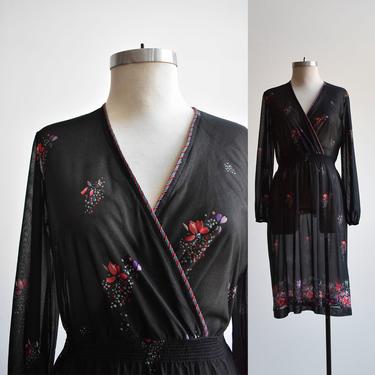 1970s Black Floral Wrap Dress 