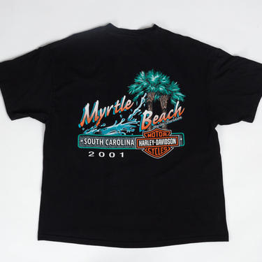 Vintage 2001 Myrtle Beach Harley Davidson T Shirt - Extra Large | Y2K Unisex Black South Carolina Motorcycle Graphic Souvenir Tee 