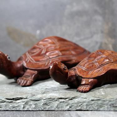 Pair of Chinese Rosewood Carved Tortoises with Glass Eyes - Hand Carved Mom and Baby Turtles - Rosewood Carved Turtles  | FREE SHIPPING 