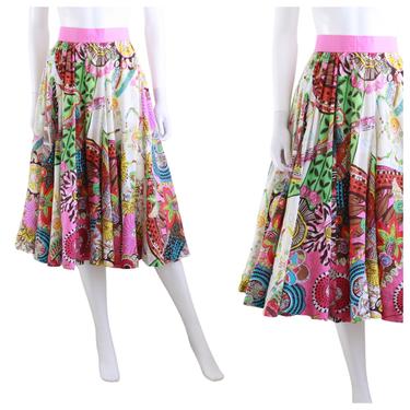 1990s Exotic Colorful Print Skirt - Vintage Fit and Flare Skirt - Vintage Colorful Skirt - Vintage Full Skirt - 1990s Gauzy Skirt | Size Med 