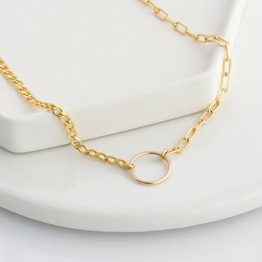 Mixed Chain Necklace, 14K Gold Filled Ring Necklace, Open Link Necklace, Paperclip Chain Necklace, Silver Choker Necklace, Gift for Her 