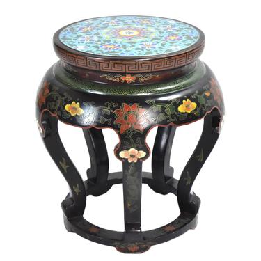 Lovely Vintage Chinese Black Lacquer Cloissone Stool Side Table 