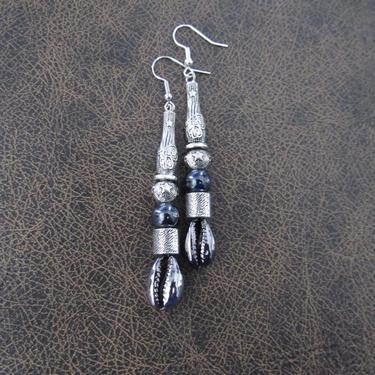 Cowrie shell earrings, gunmetal earrings, gray earrings, etched silver Afrocentric African tribal dangle earrings, abstract goth earrings 