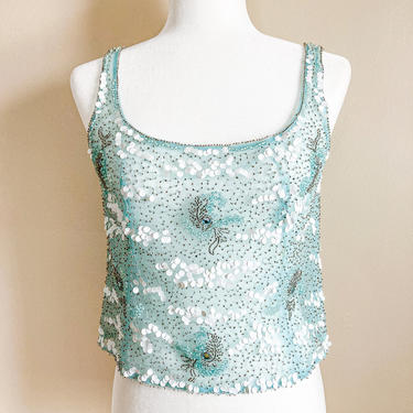 60s Stunning Blue and White Beaded and Sequined Mesh Top | Small 