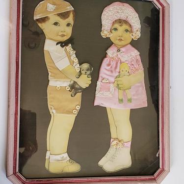 1920s 1930s Ribbon Doll Picture Wall Hanging / 20s 30s Boy Girl Velvet Satin Lace Hair Cardboard Cutouts His Hers Shabby Chic / Ainsworth 
