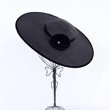 1940s Black Wide Brim Hat | 40s  Black Straw Saucer Hat 