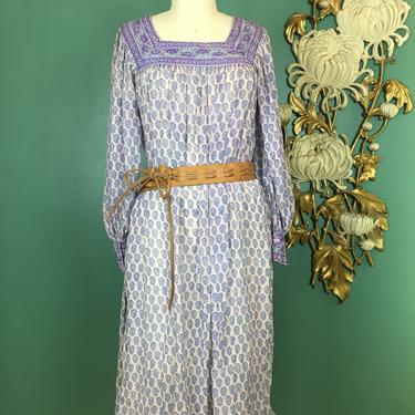 1970s Indian dress, block print silk, vintage tunic dress, festival style, tissue paper, small medium, Judith Ann, lavender batik, balloon 
