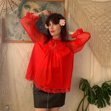 70's BABYDOLL SMOCK TOP - bright red - lace - keyhole - small/medium 