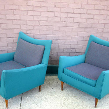 Vintage 1950s Teal and Purple Atomic Style Angular Mid Century Modern Flexsteel Lounge Chairs or Club Chairs 