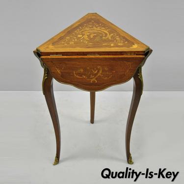 French Louis XV Style Satinwood Inlay Drop Leaf Side Table w/ Bronze Ormolu