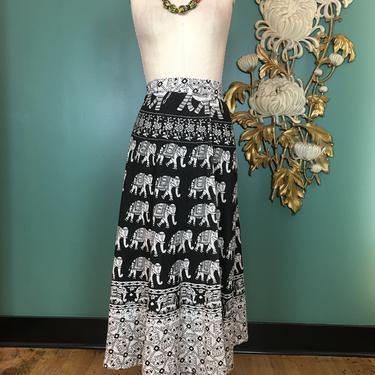vintage maxi skirt, indian wrap, novelty print, vintage maxi skirt, black and white cotton, medium, midi dress, tie waist, elephant, 28 