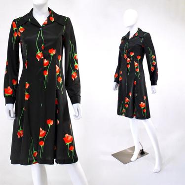 1970s Rose Print Dress - 1970s Red Rose Print Dress - 1970s Day Dress - 1970s Floral Print Dress - 1970s Button Down Dress | Size Small 
