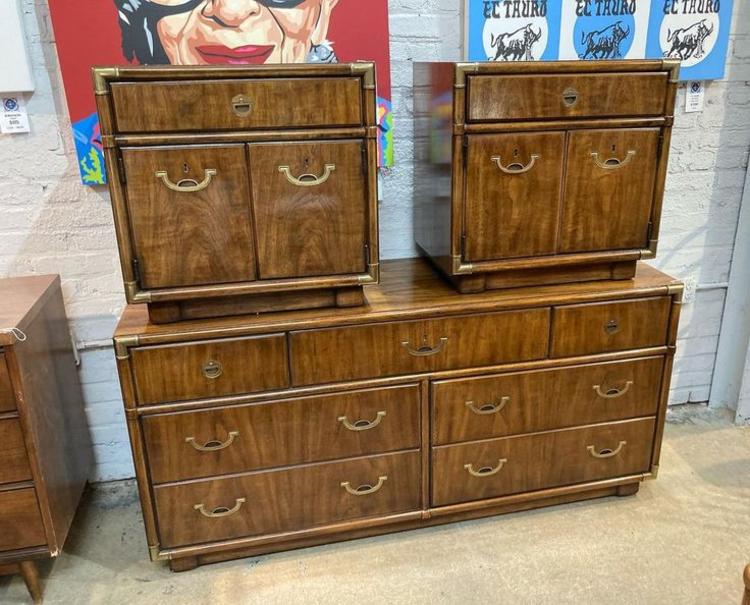 Campaign style dresser and two nightstands Dresser 61.5 x 19 x 30”, Nightstands 24.5 x 16.5 x 24.5