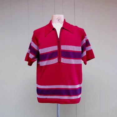Vintage 1970s Mens Red Striped Knit Sport Shirt, 70s Short Sleeve Zippered Polo Pullover, Large 44&quot; Chest 
