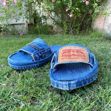 Upcycled LEVI SLIDES Levi's denim slides sandal, reconstructed jean sandal, Unisex men’s women’s denim sandal made in USA 