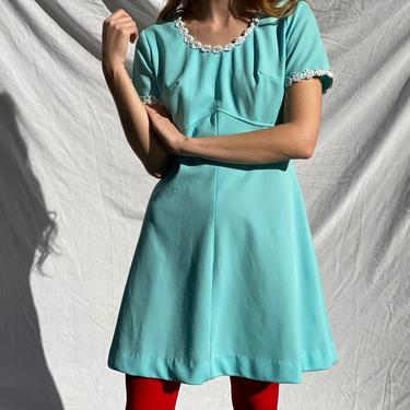 1960's Mini Dress / Vintage Modern Twiggy Dress / Sixties Mod Scooter / Blue Dolly Dress with little Floral Neckline Sixties Mini Dress 