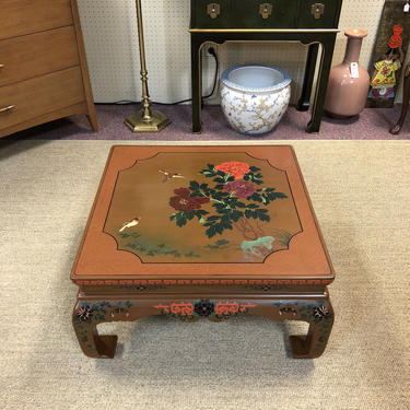 Lacquered Chinoiserie Coffee Table, Decorated in Bird, Floral, & Geometric Designs 