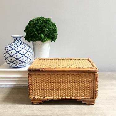 Vintage Rattan and Bamboo Lidded Decorative Box Coastal Natural Boho Decor 