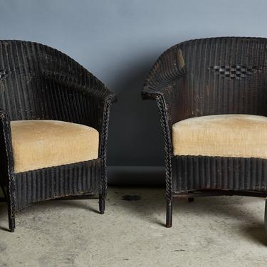 Pair of Turn of the Century Shaped Wicker Arm Chairs with Old Velvet Seats