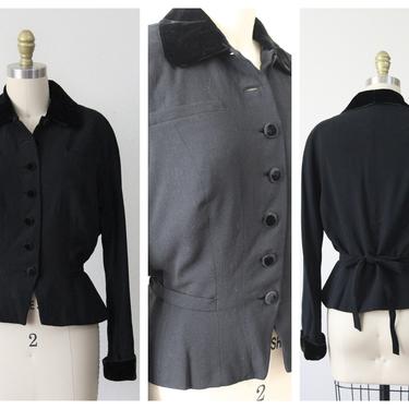 Vintage 1940s Black Crepe belted jacket wasp peplum velvet Cuffed sleeves coat  I Magnin of California // Size Small Medium // US 4 6 8 