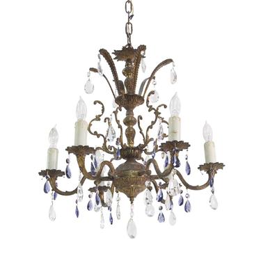 Antique 6 Arm Spanish Bronze Chandelier with Blue &#038; Clear Crystals