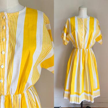 Vintage 1980s Yellow & White Striped Dress / M 