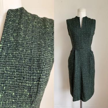 Vintage 1960s Forest Green Wool Tweed Wiggle Dress / XS 